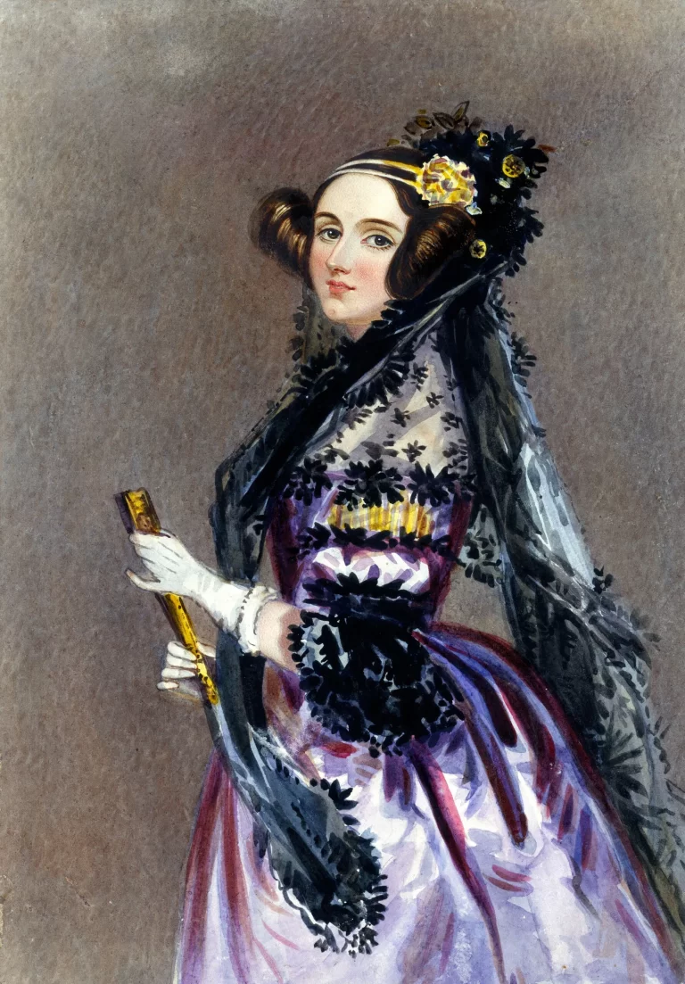 Painted portrait of Ada Lovelace in gown holding a fan